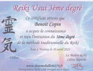 certificat du 3ième degré reiki usui