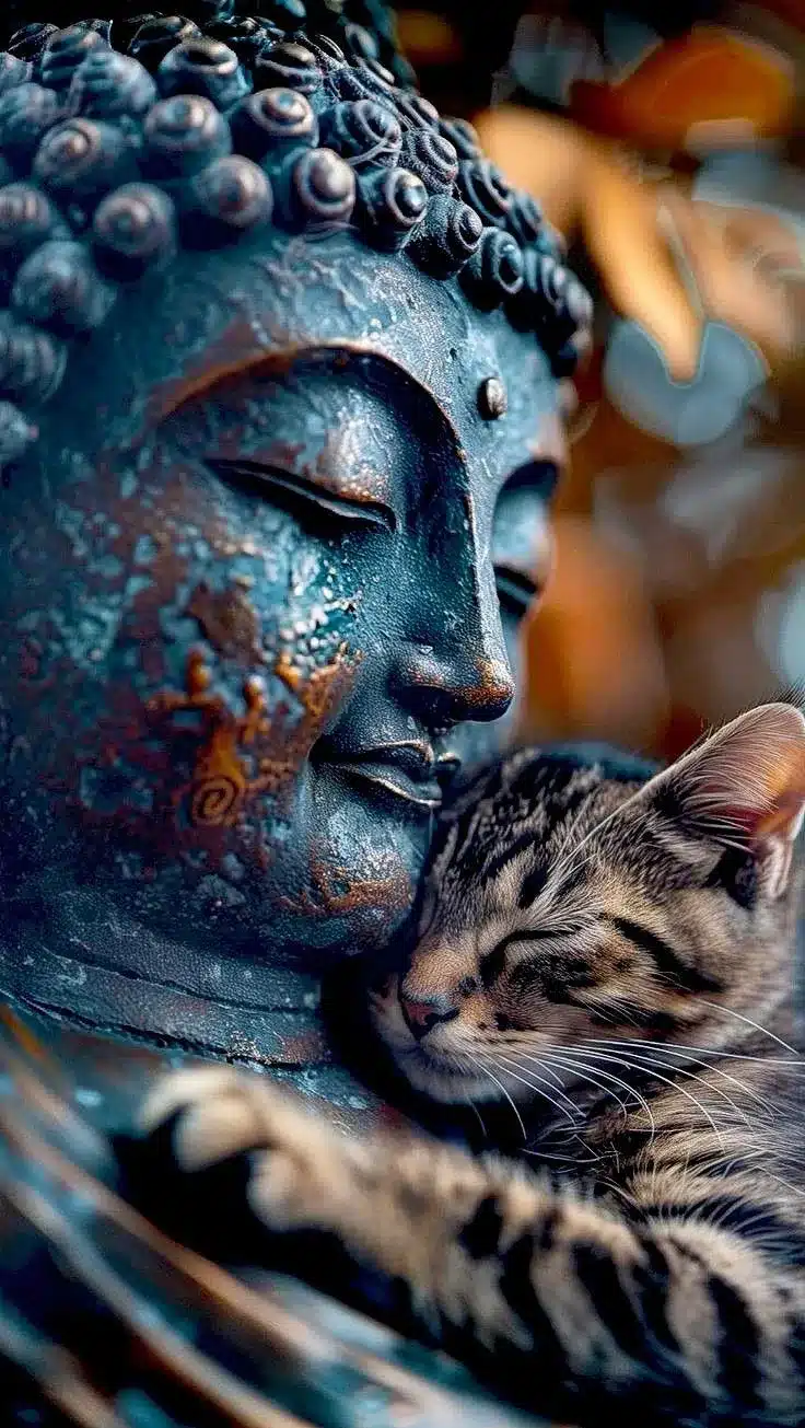 Un chat donnant un câlin à un Bouddha, créant une scène tendre et apaisante.