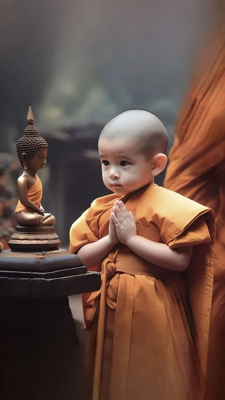 Enfant tibétain en salut devant une petite statue méditative, exprimant respect et vénération.